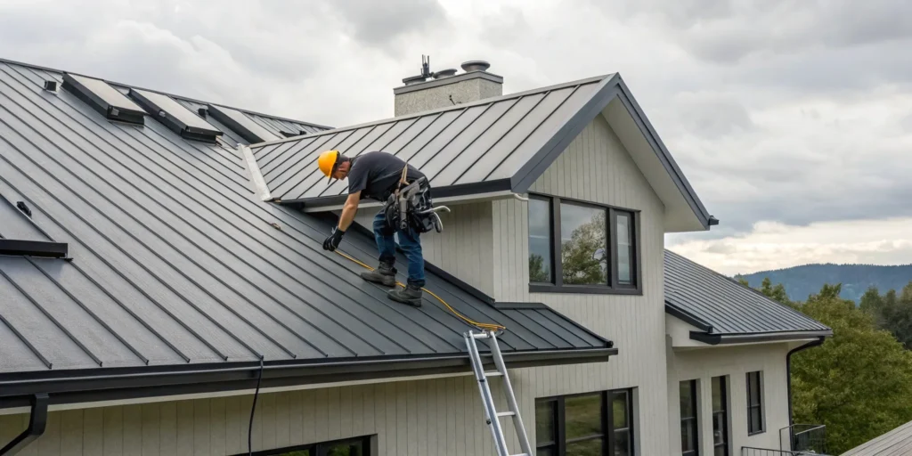 Person wearing safety gear completing a DIY metal roof installation.
