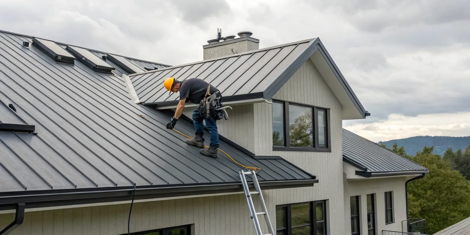 Person wearing safety gear completing a DIY metal roof installation.