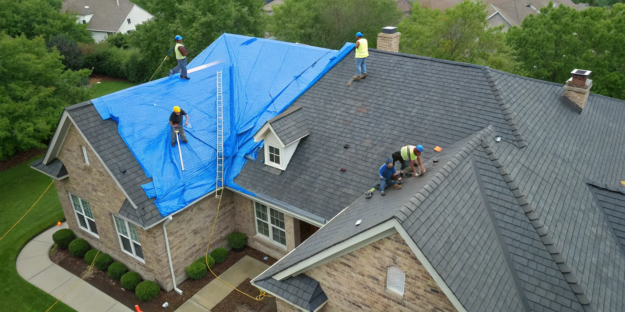 Emergency roof tarp service covering a damaged roof with a large blue tarp.