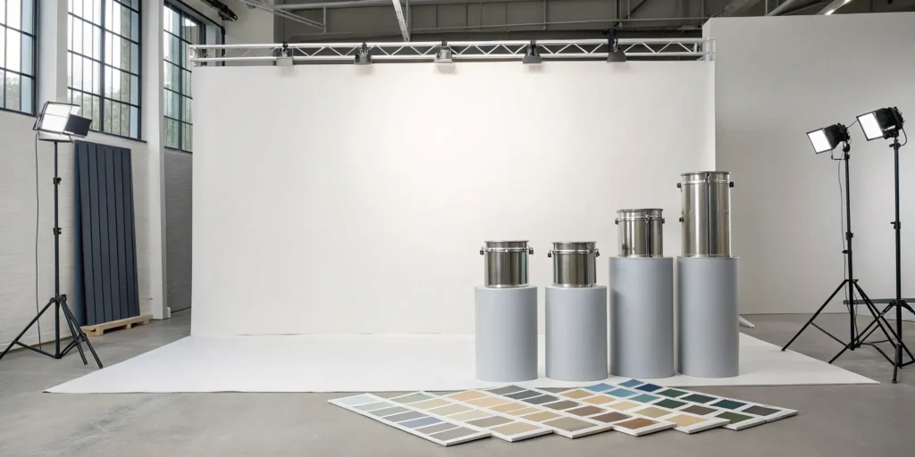 A selection of exterior paint cans on a shelf with varying costs per gallon.