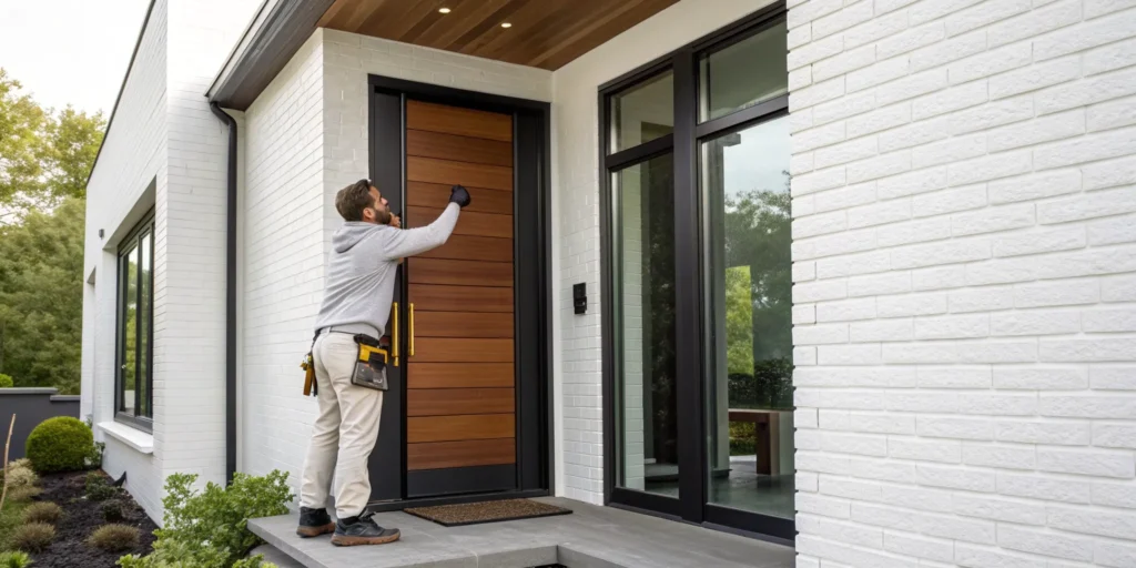 Contractor inspecting a modern wood front entry door for a replacement project.