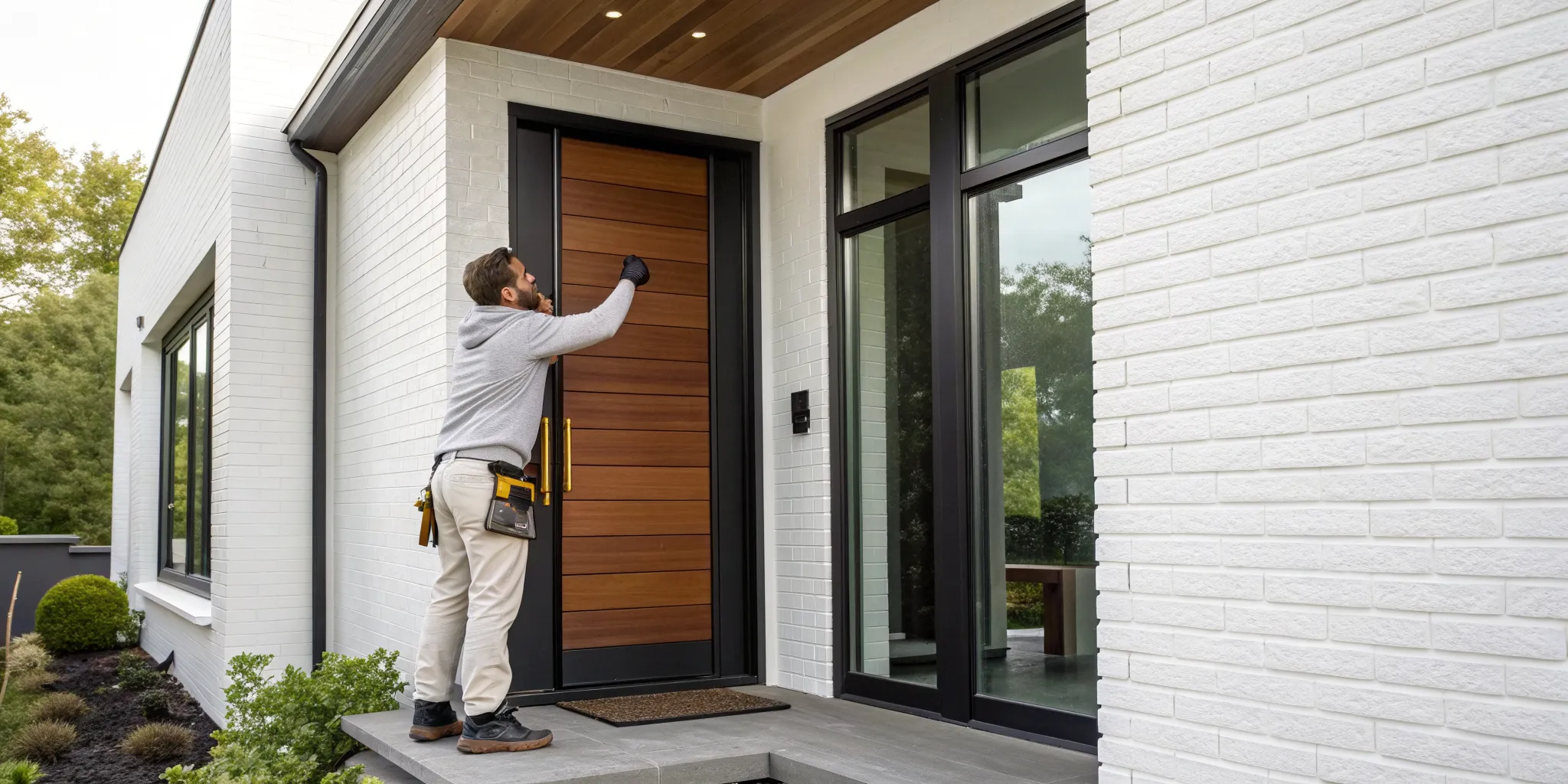 Contractor inspecting a modern wood front entry door for a replacement project.