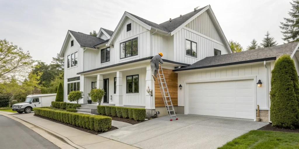 Professional painter on a ladder applying paint to a house exterior.
