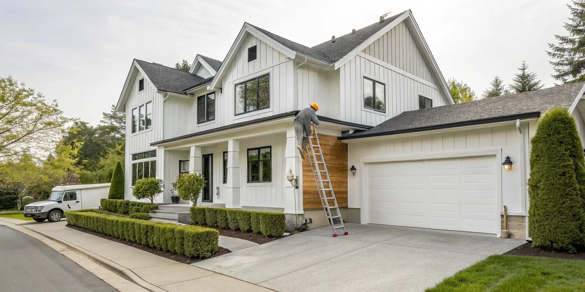 Professional painter on a ladder applying paint to a house exterior.