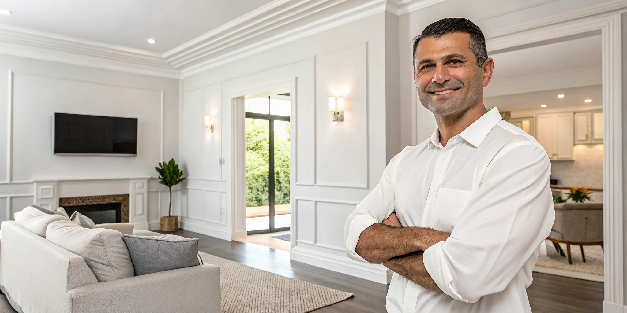 A professional from one of the top interior painting companies near me in a perfectly painted living room.