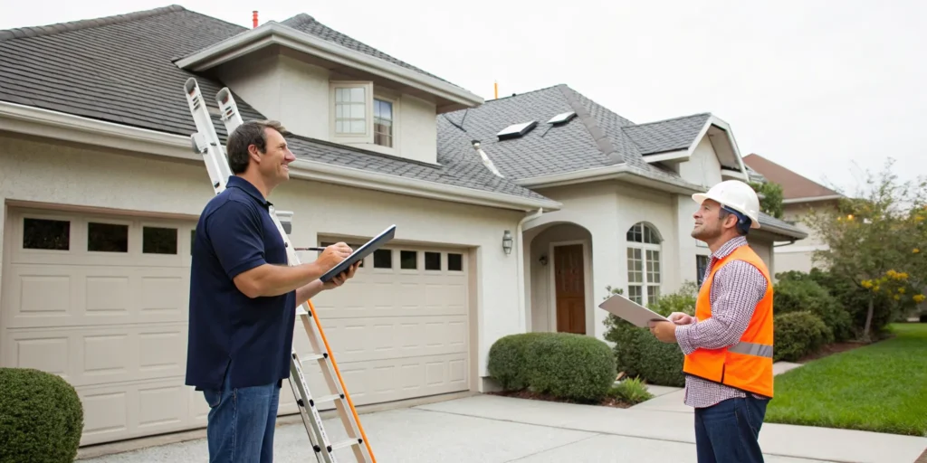 Local roofing company contractors inspecting a roof before giving a project estimate.