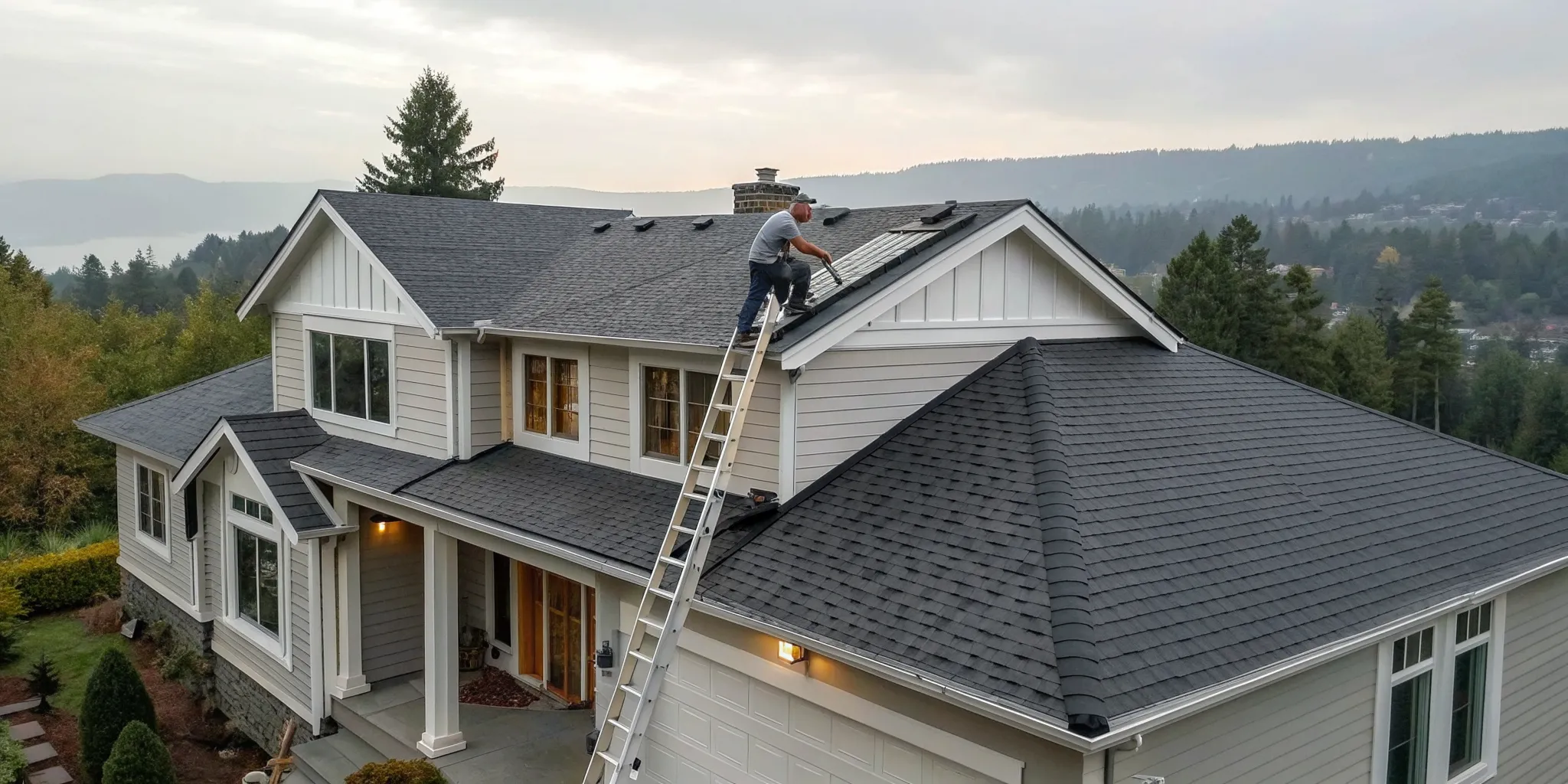 A roofer repairs a damaged asphalt shingle roof on a home in Redmond.