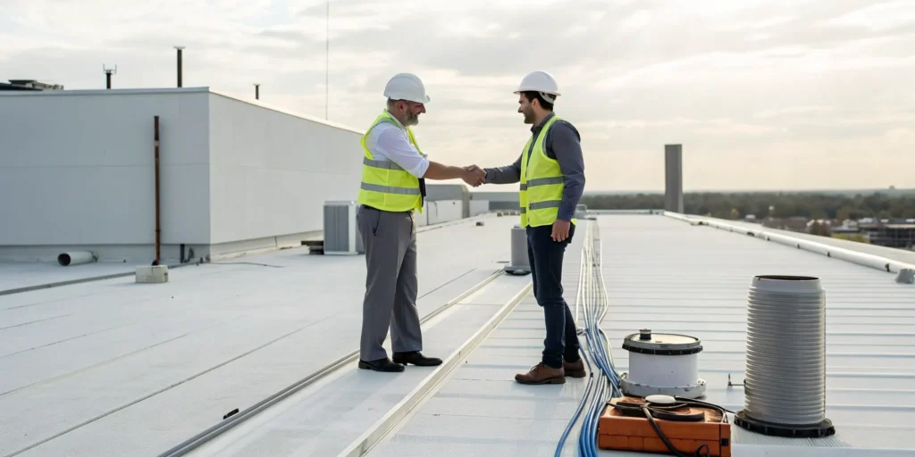 Two contractors shake hands on a flat roof, finalizing a successful repair.