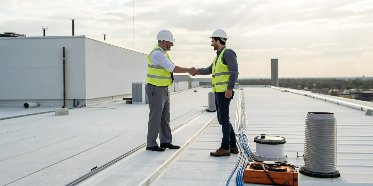 Two contractors shake hands on a flat roof, finalizing a successful repair.