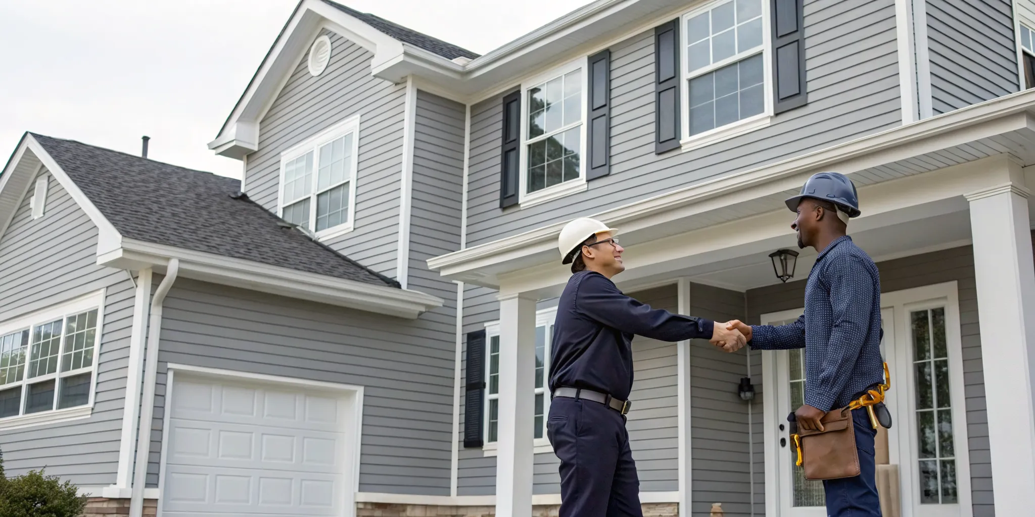 A professional James Hardie siding installer shaking hands with a homeowner.