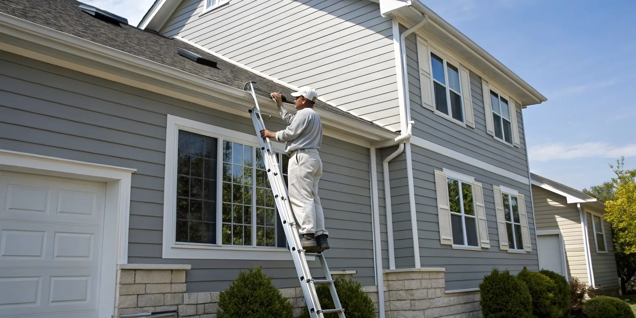 Contractor on a ladder installing new panels for a home siding replacement.