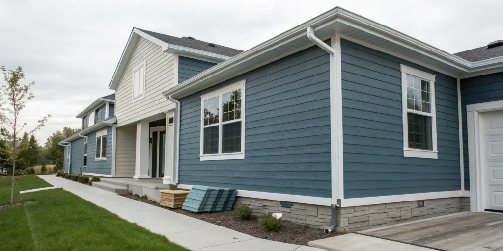 A modern home with new blue siding, a key factor in replacement cost.