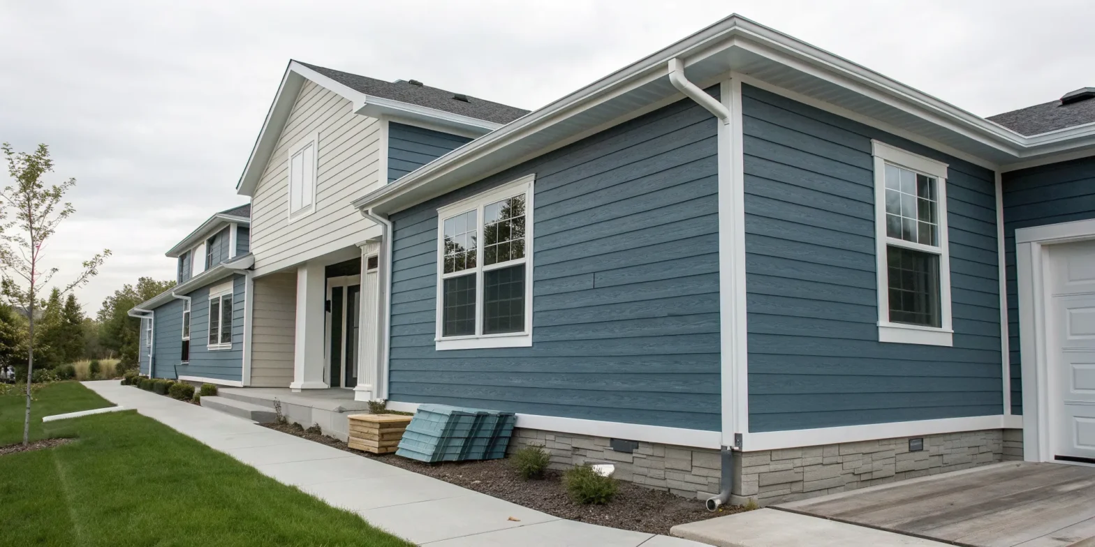 A modern home with new blue siding, a key factor in replacement cost.