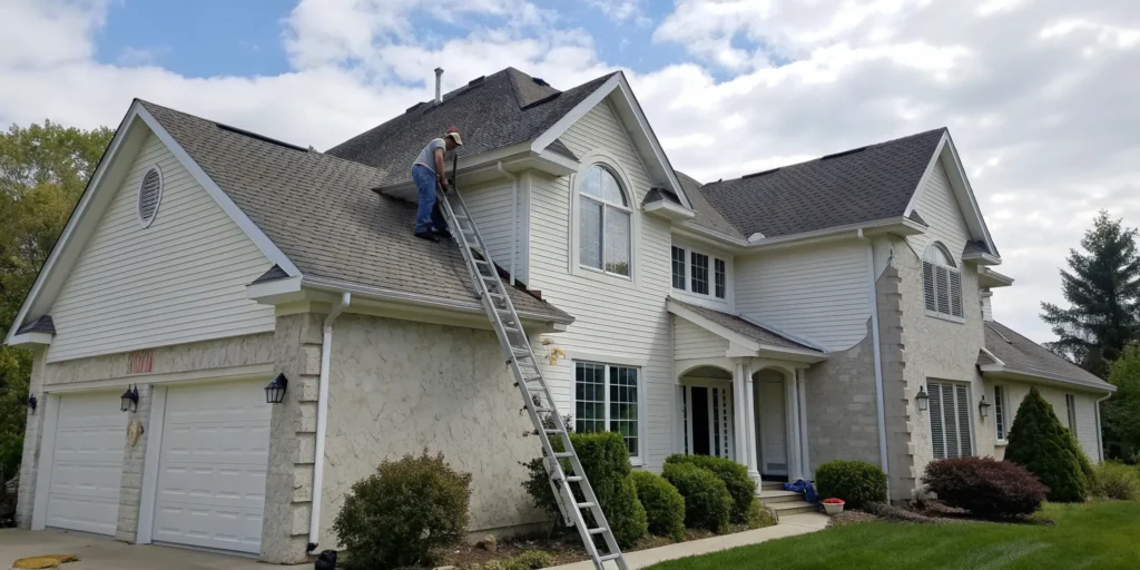 Contractor on a ladder completing a gutter replacement on a house.