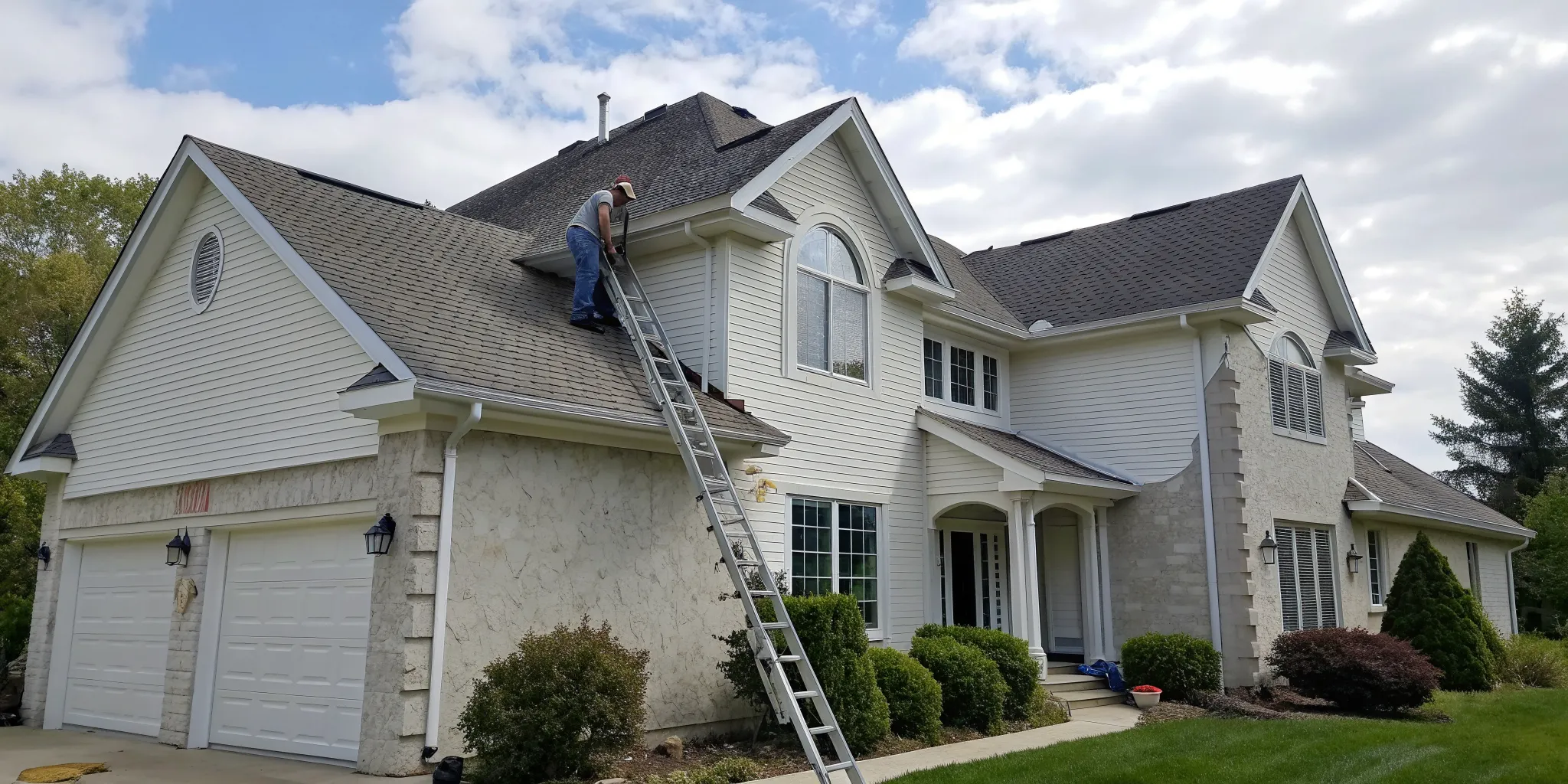 Contractor on a ladder completing a gutter replacement on a house.