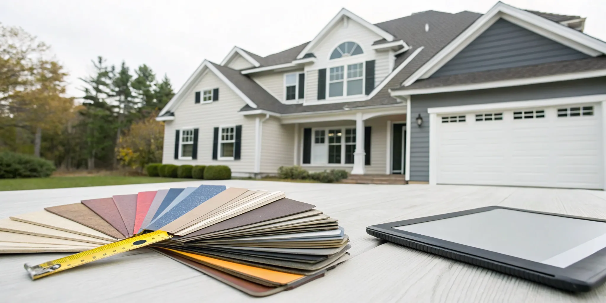 Calculating the vinyl siding cost for a home with color samples and a tape measure.