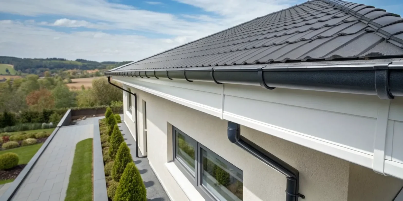Professional seamless gutter installation on a modern home with a black roof.