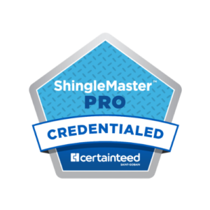 A blue and silver pentagon shaped badge with the text ShingleMaster PRO CREDENTIALED and the CertainTeed logo at the bottom.