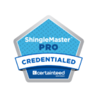 A blue and silver pentagon shaped badge with the text ShingleMaster PRO CREDENTIALED and the CertainTeed logo at the bottom.