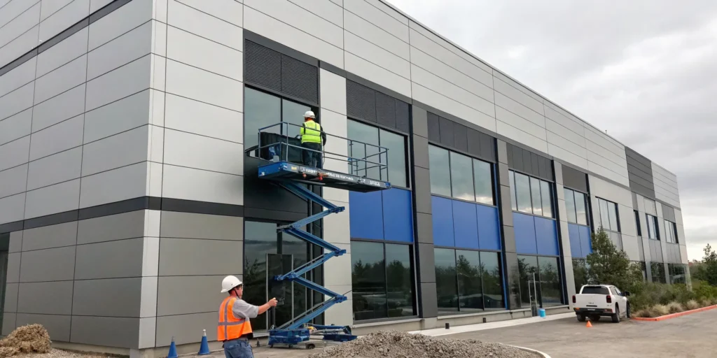 Workers replacing the commercial siding on a modern building using a mechanical lift.