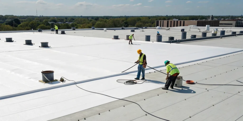 Roofing contractors performing a commercial flat roof replacement.