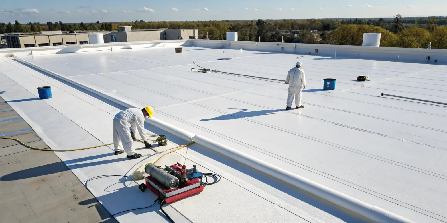 Contractors in safety gear repairing a flat white commercial roof.