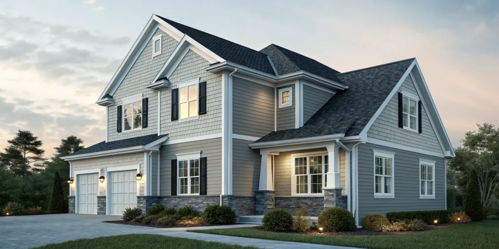 Calculating the cost of siding for a modern house with gray siding.