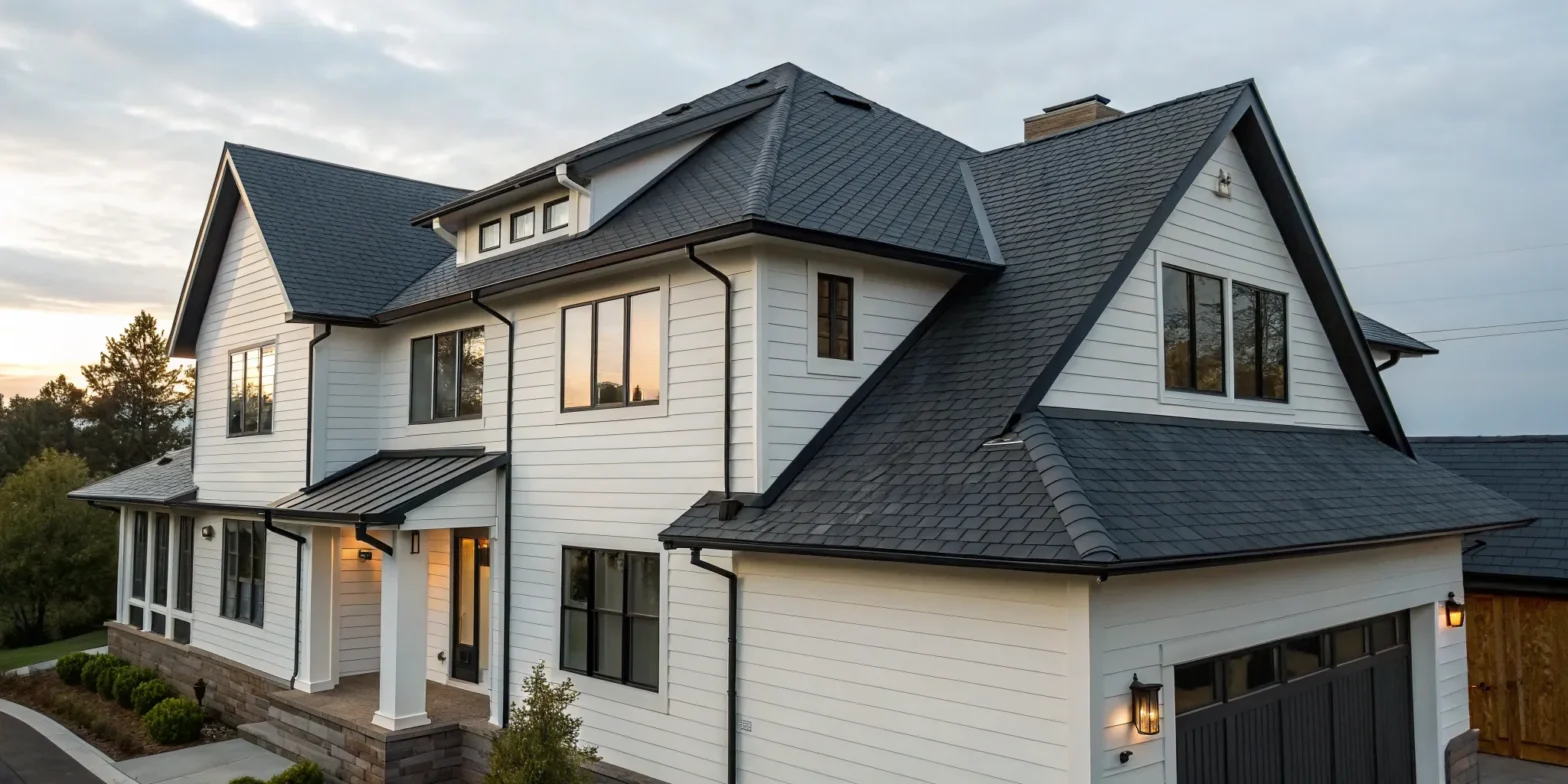Durable DaVinci synthetic slate roof on a modern home, mimicking the appearance of natural slate.