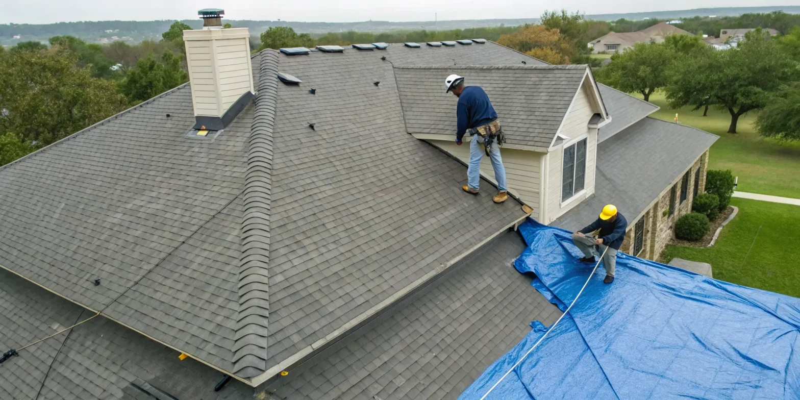 The cost of an emergency roof repair with a roofer applying a tarp to a damaged roof.