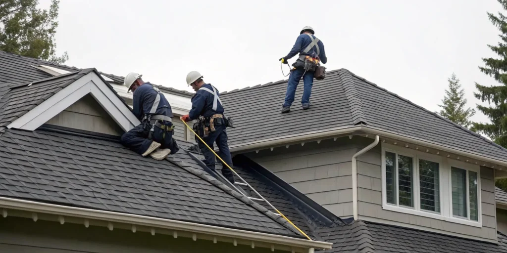 Professional roofing contractor working on a residential roof in Redmond, WA.