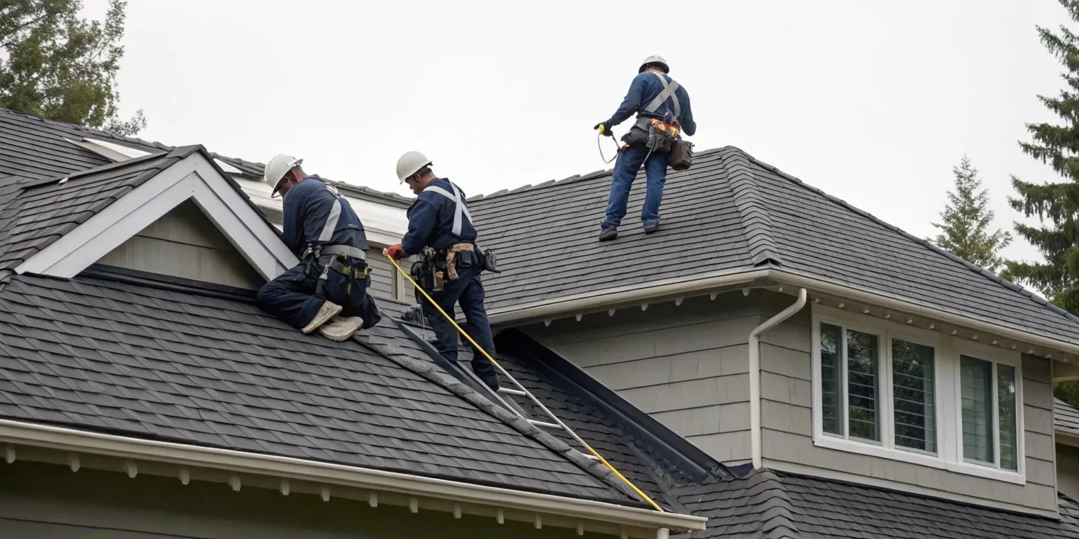Professional roofing contractor working on a residential roof in Redmond, WA.