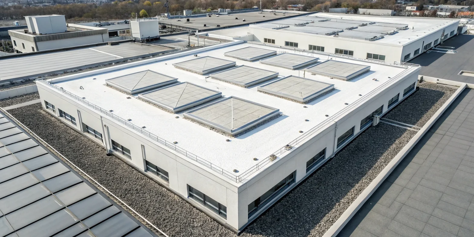 An overview of the different types of flat commercial roof systems on a building.