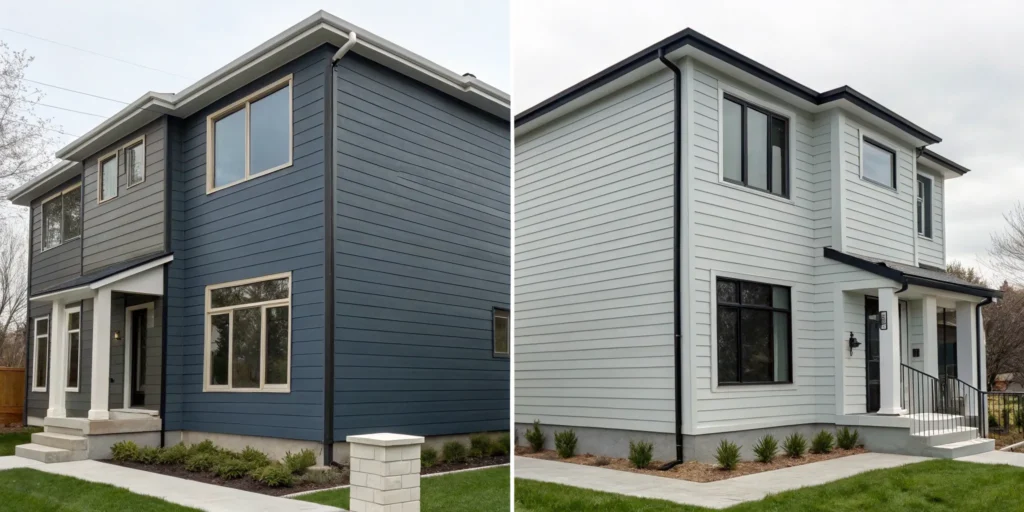 Two homes comparing the cost and curb appeal of Hardie board siding vs vinyl siding.