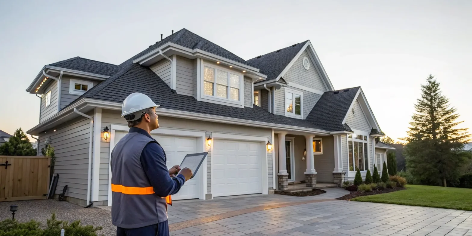 A local roofing contractor inspects a roof with a clipboard to prepare an estimate.