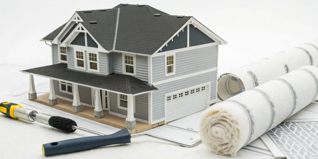 Model house with paint roller and blueprints for calculating how much exterior house painting is.