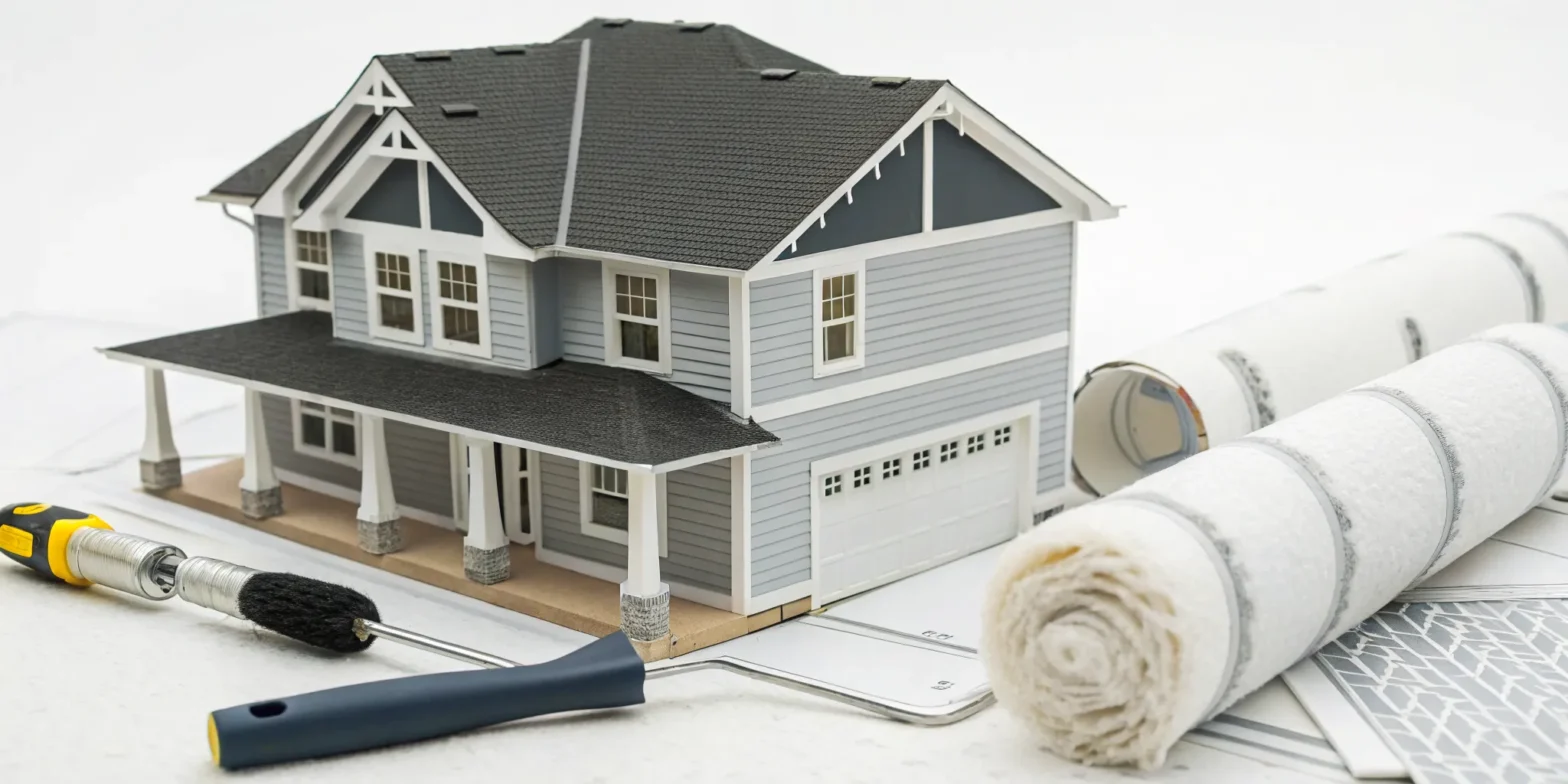 Model house with paint roller and blueprints for calculating how much exterior house painting is.