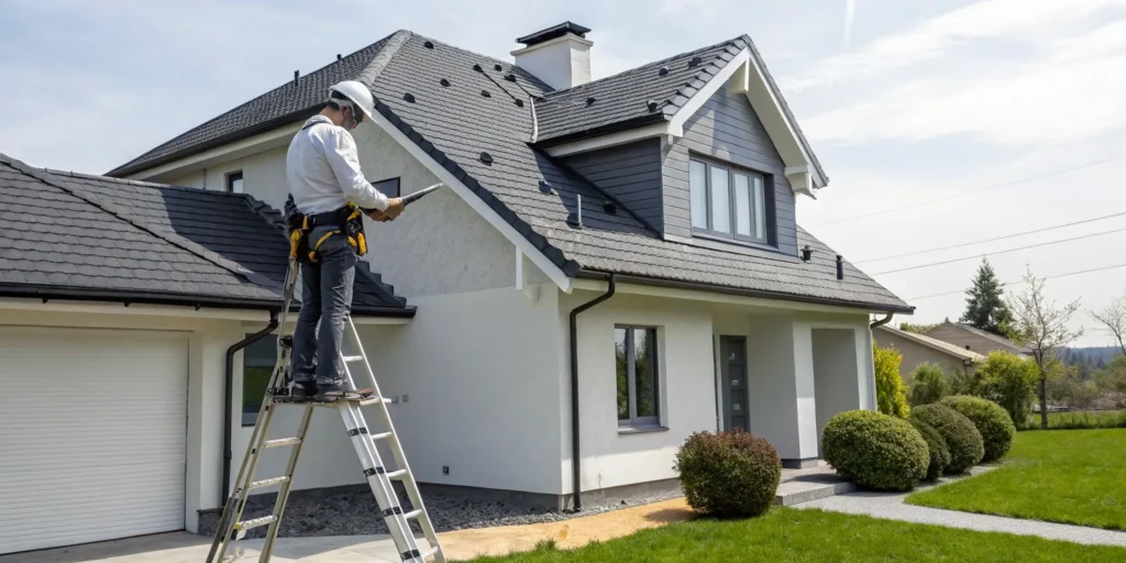 Residential roofer near me on a ladder inspecting a home's roof.
