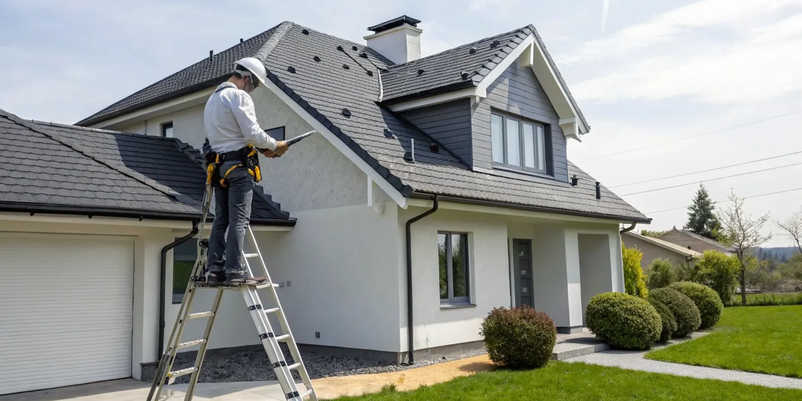 Residential roofer near me on a ladder inspecting a home's roof.
