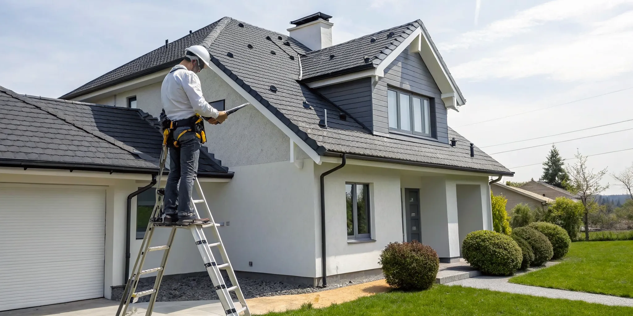 Residential roofer near me on a ladder inspecting a home's roof.