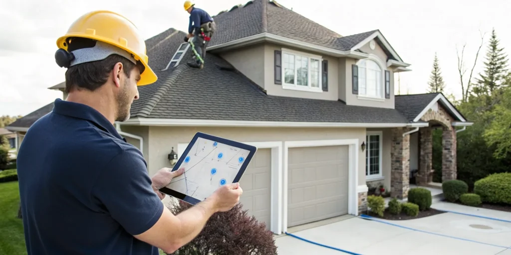 Local roofing contractors assessing a roof to provide a quote for a replacement.