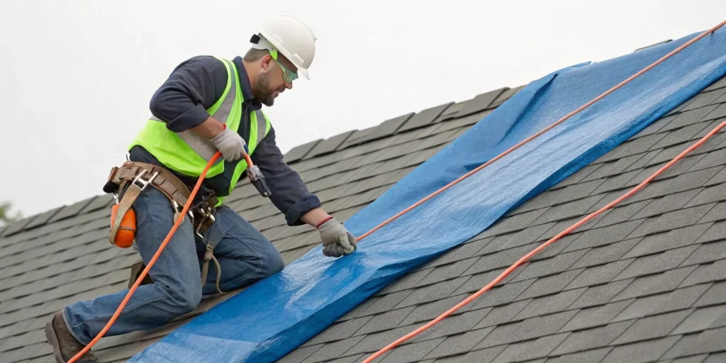 Roofer safely covering a damaged roof with a tarp for an emergency repair.
