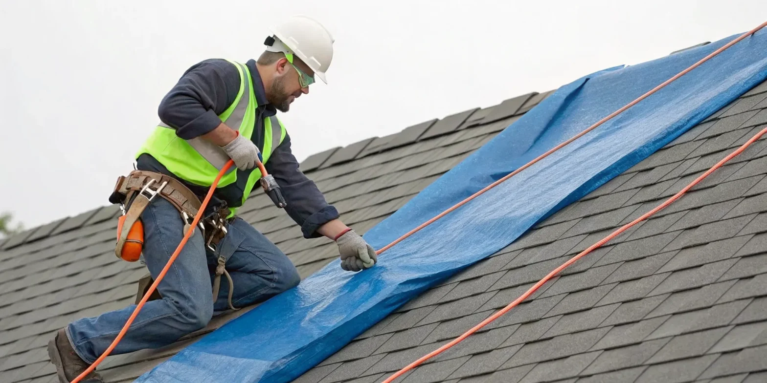 Roofer safely covering a damaged roof with a tarp for an emergency repair.