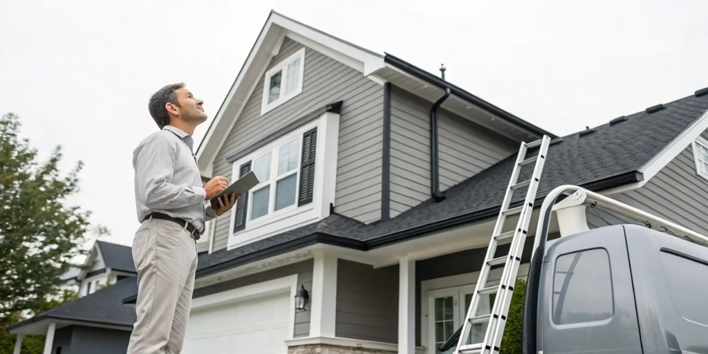 Landmark Roofing and Siding professional inspecting a home's roof and siding next to a company van.