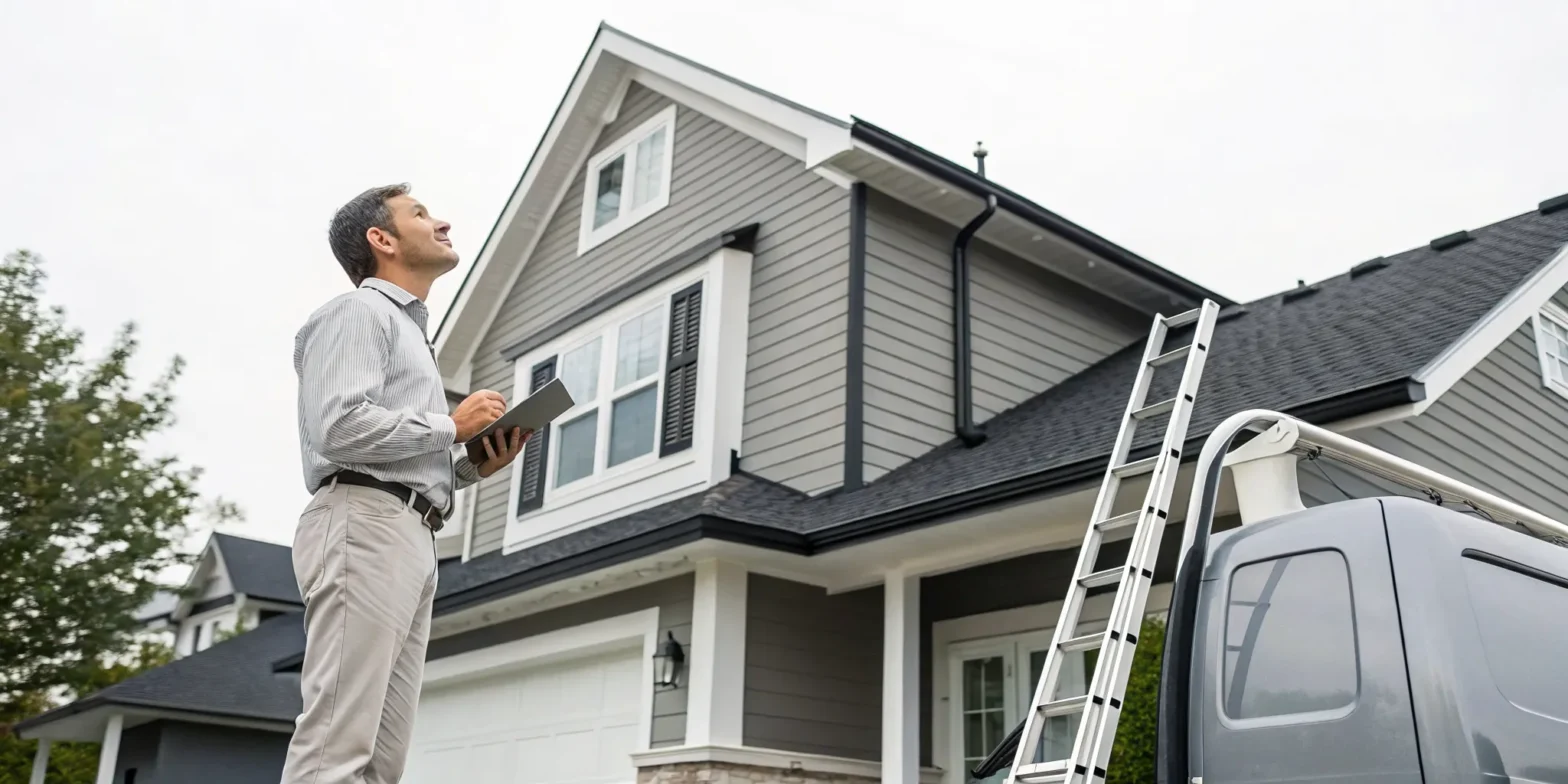 Landmark Roofing and Siding professional inspecting a home's roof and siding next to a company van.
