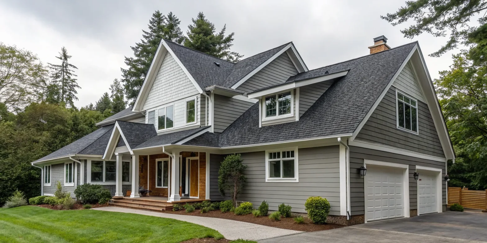 Modern home with new roofing and gray siding by Landmark Roofing & Siding.