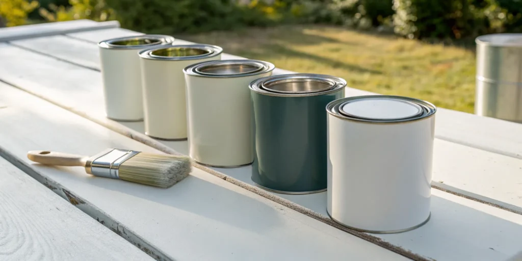 Cans of the best exterior paint for sun exposure and a brush on a sunlit surface.