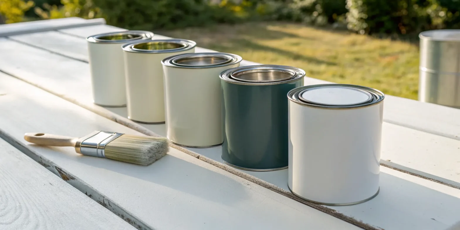 Cans of the best exterior paint for sun exposure and a brush on a sunlit surface.