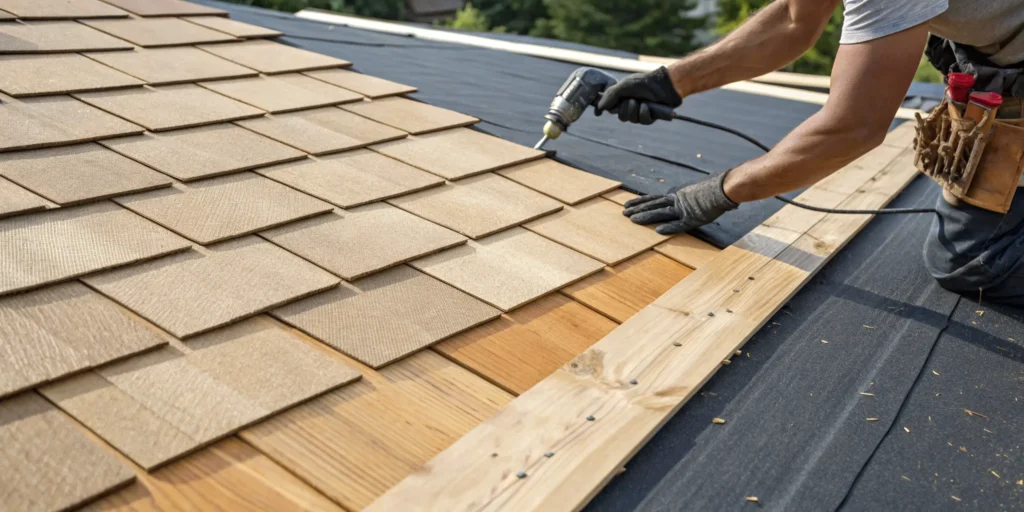 Guide to cedar shingles installation showing a roofer nailing shingles onto a roof.