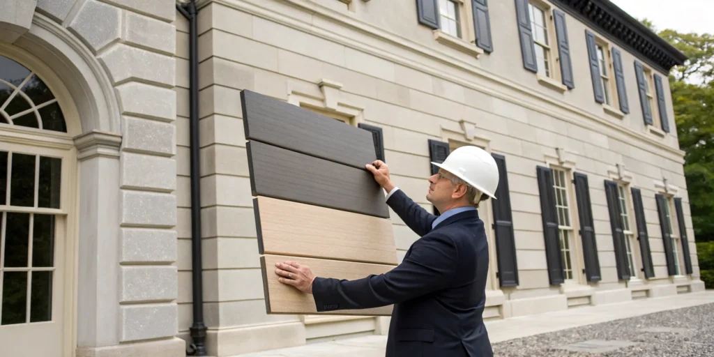 Contractor holding siding samples, clarifying the difference from Landmark roofing.