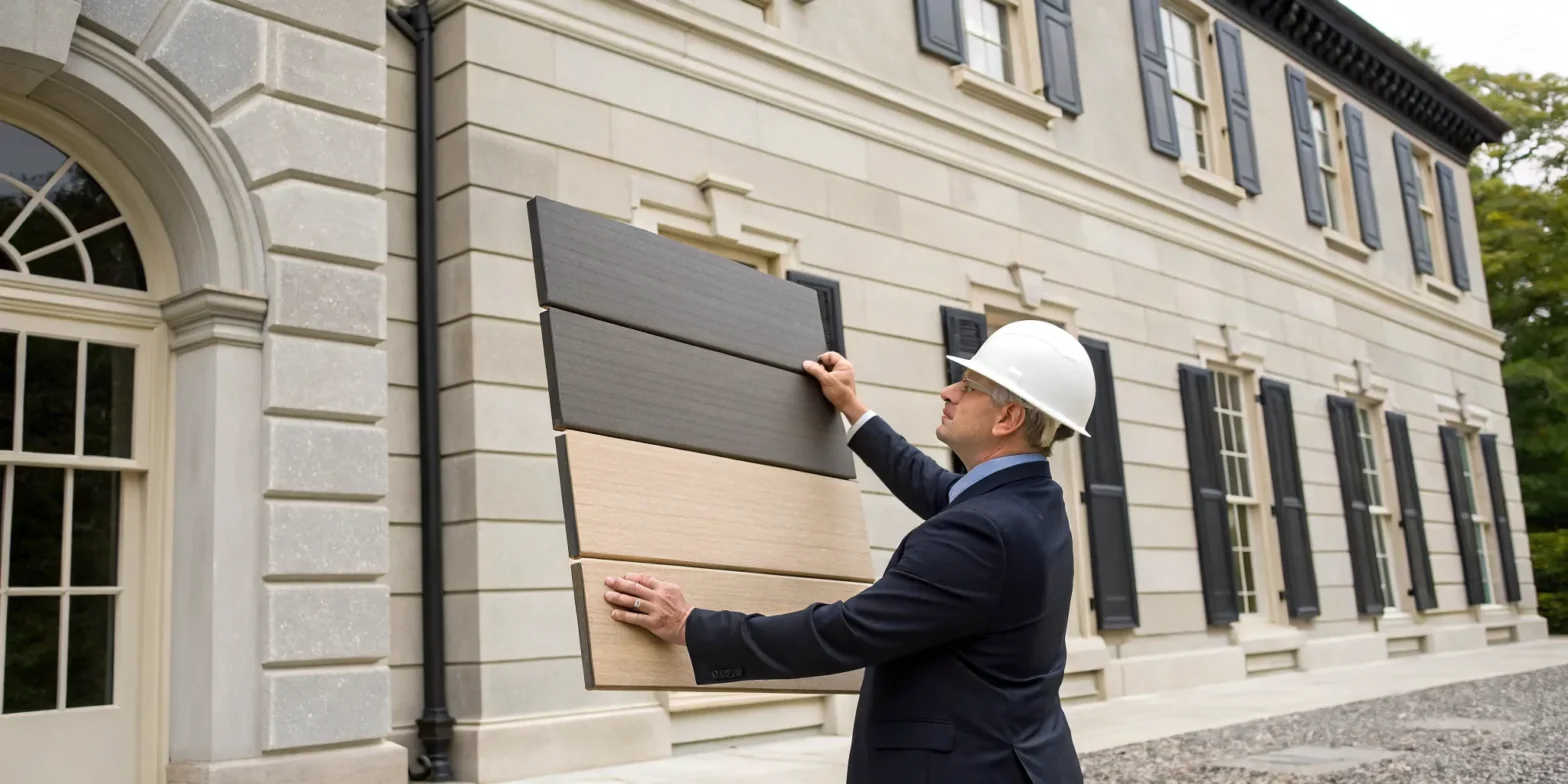 Contractor holding siding samples, clarifying the difference from Landmark roofing.